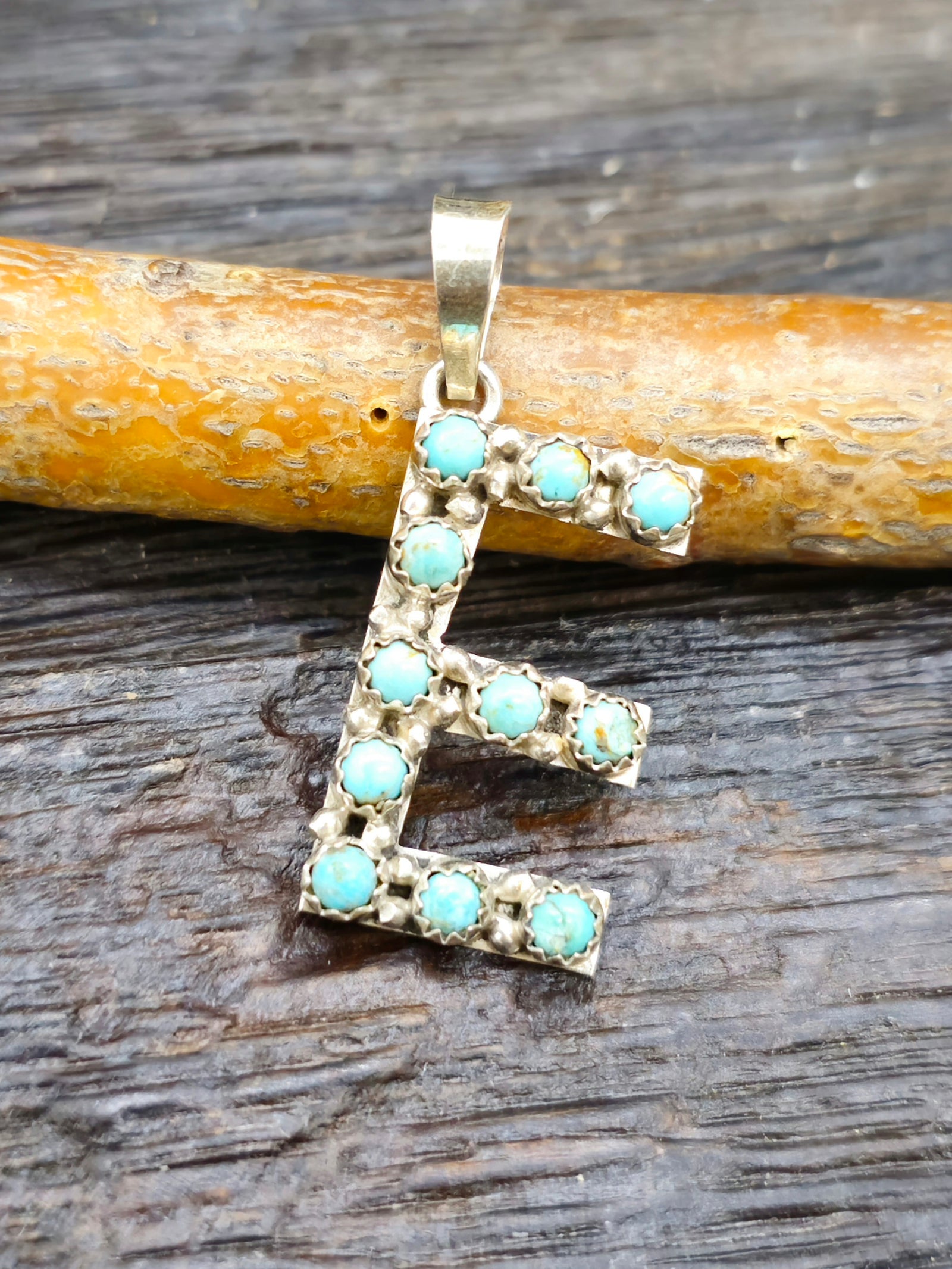 Turquoise and Sterling Silver Monogram Pendant "E" 1 in.