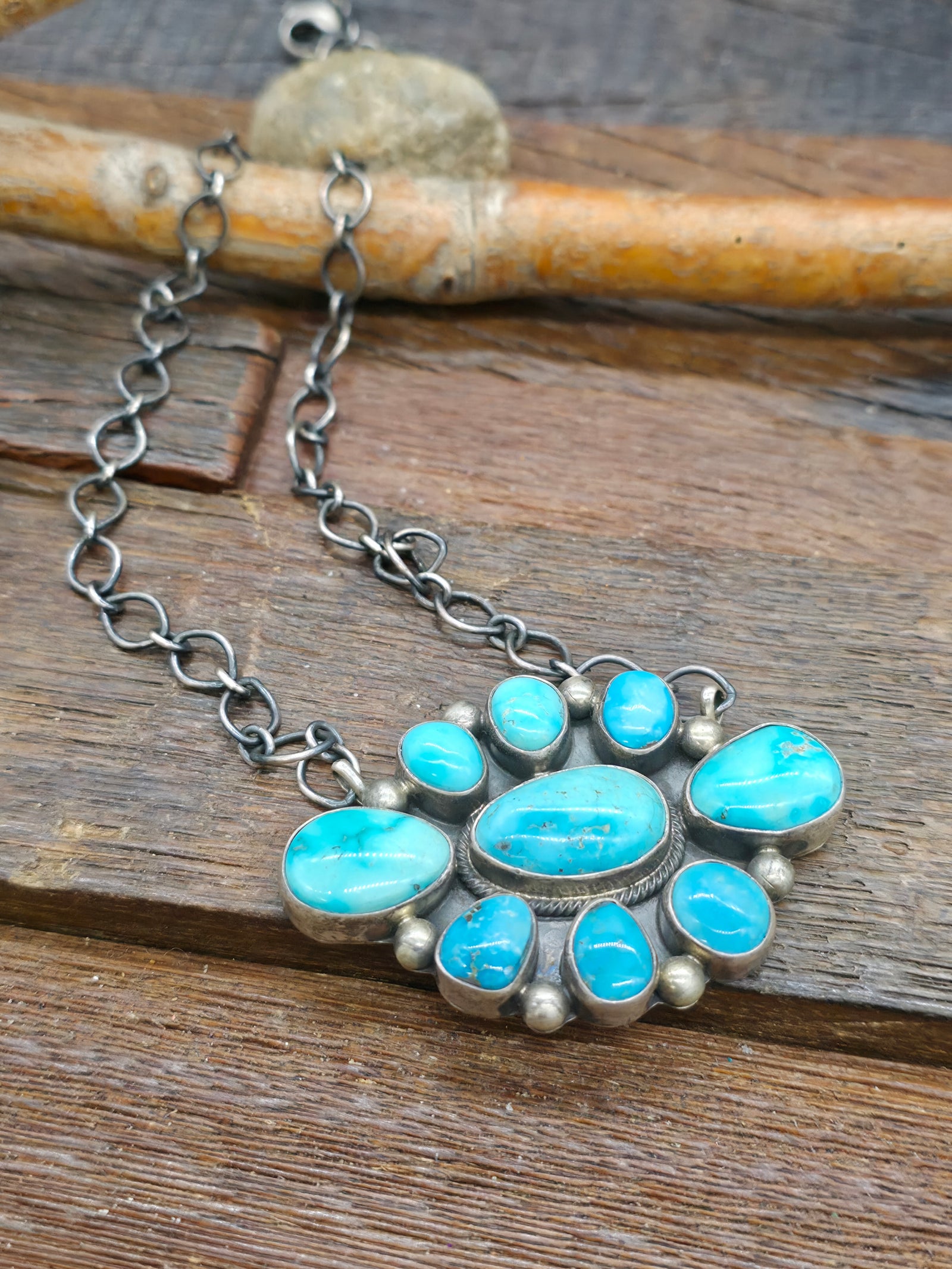 Sterling Silver Turquoise Cluster Pendant Necklace by Kathleen G. - 20 in.