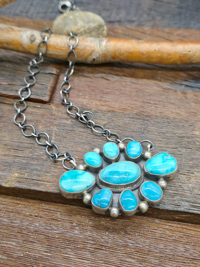 Sterling Silver Turquoise Cluster Pendant Necklace by Kathleen G. - 20 in.