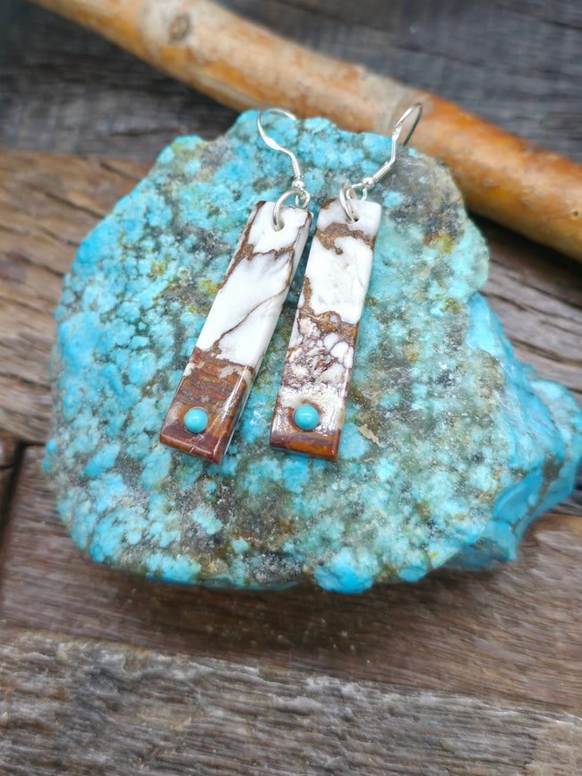 Wild Horse and Turquoise Slab Earrings by Jesus Espino - 2 1/4 in. by 3/8 in.