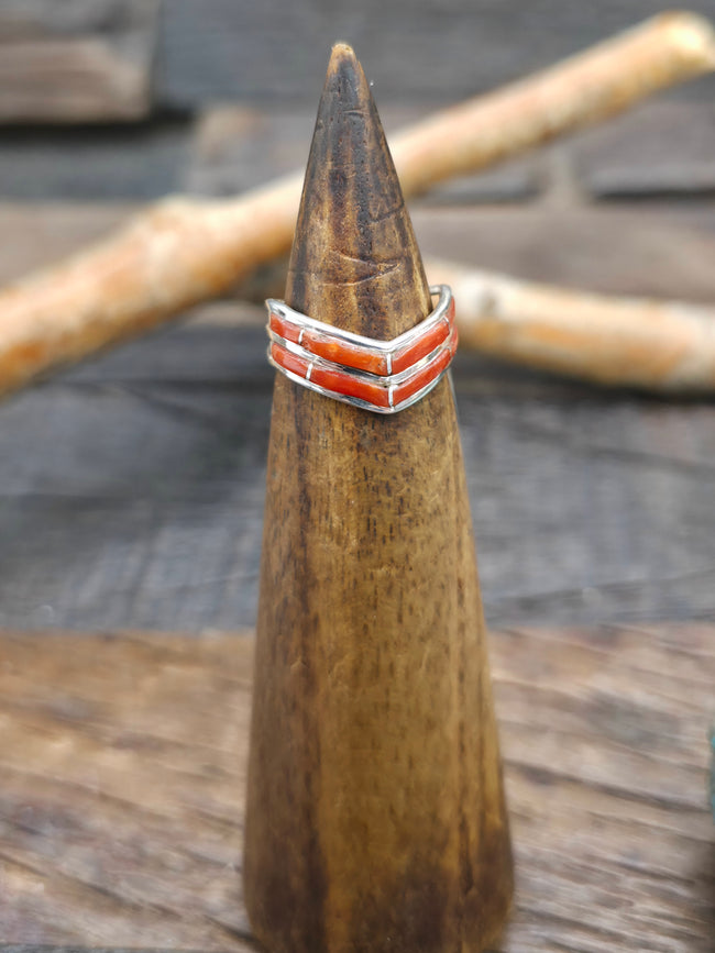 Sterling Silver Coral Inlay Chevron Ring by Andrew Enrico - Size 6