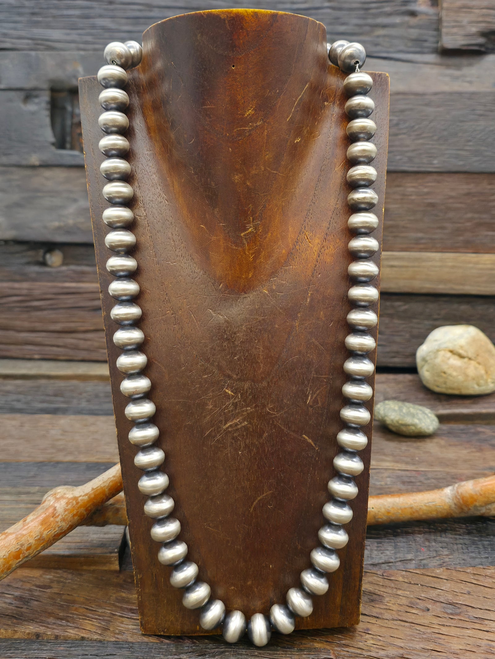 Stamped Sterling Silver Navajo Pearl Necklace by Dorinda Mariano - 24 in. 5/8 in. Bead