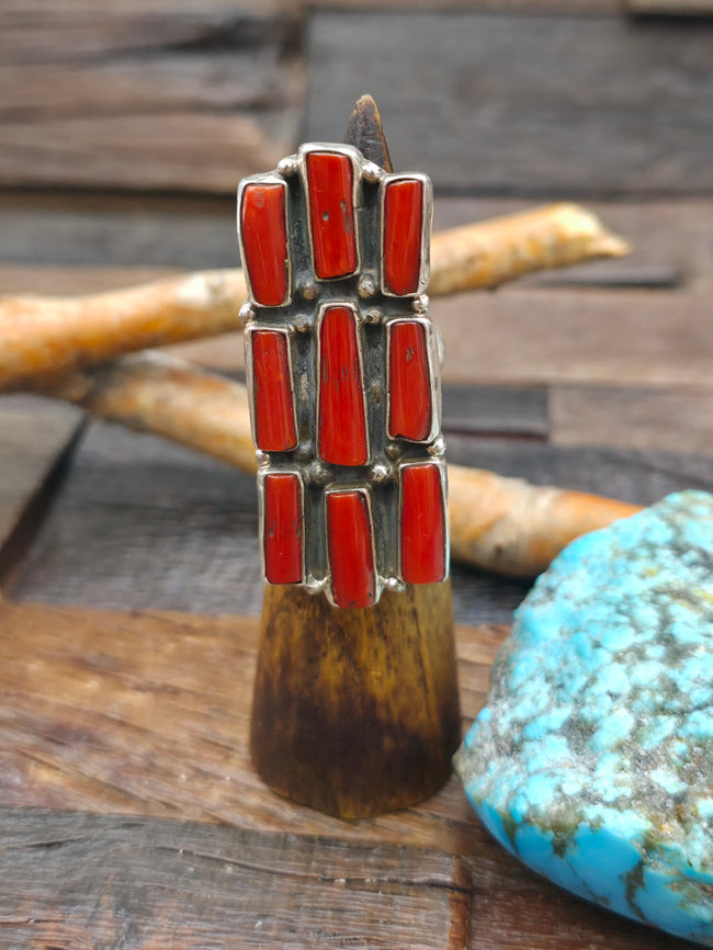 Sterling Silver and Coral Statement Ring by G. James - Adjustable