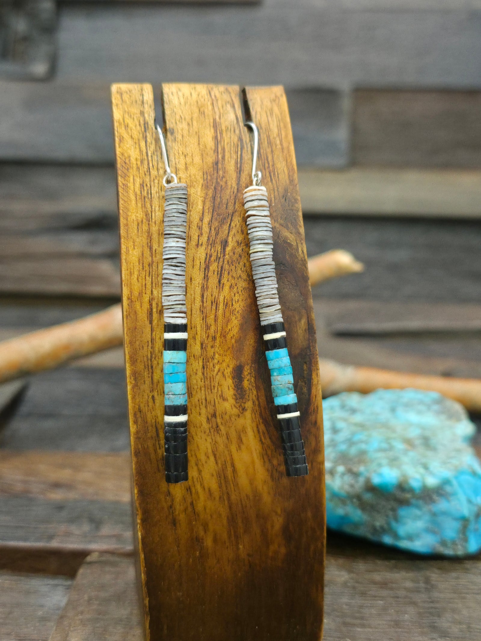 Color Block Earrings by Deanna Tenorio - Heishi, Jet, Turquoise - 3 1/2 in.