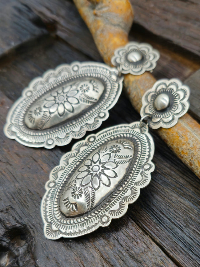 Large Sterling Silver Stamped Oval Earrings by Leander Tahe