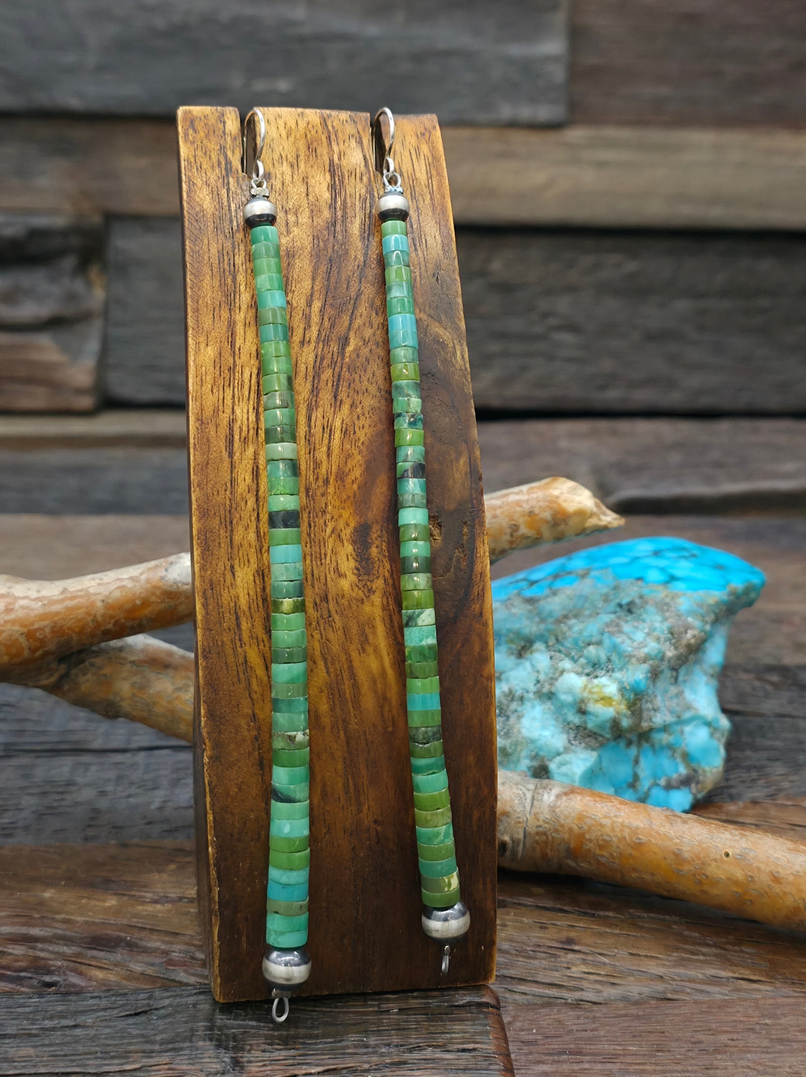 Green Turquoise Heishi Dangle Earring by Fred Archuleta