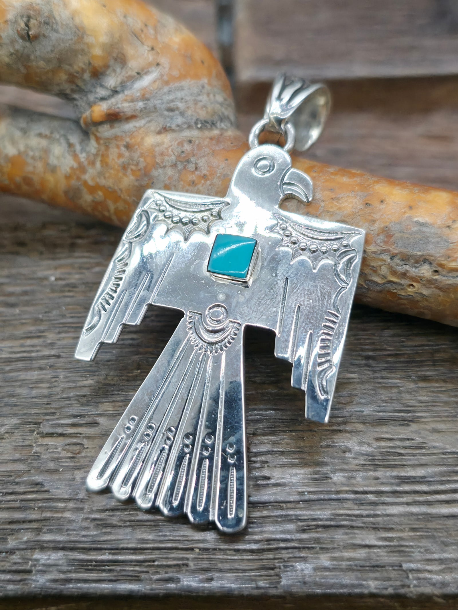 High Shine Sterling Silver Turquoise Thunderbird Pendant by Brandon Belin - 2 1/2 in. by 1 1/2 in.