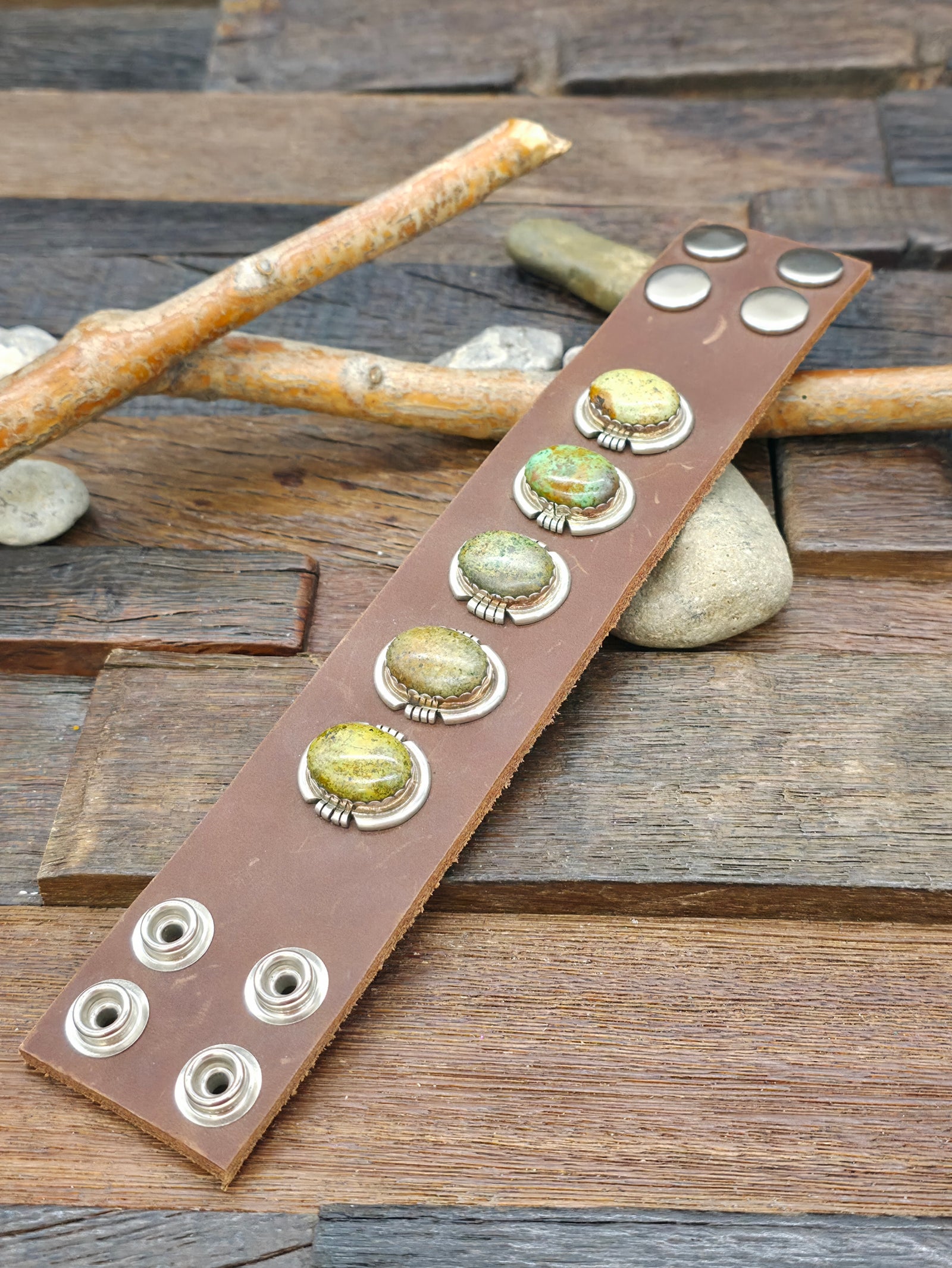 Five Stone Brown Leather Green Turquoise Bracelet by Jeff Lucio - 9 in - Stones Will Vary