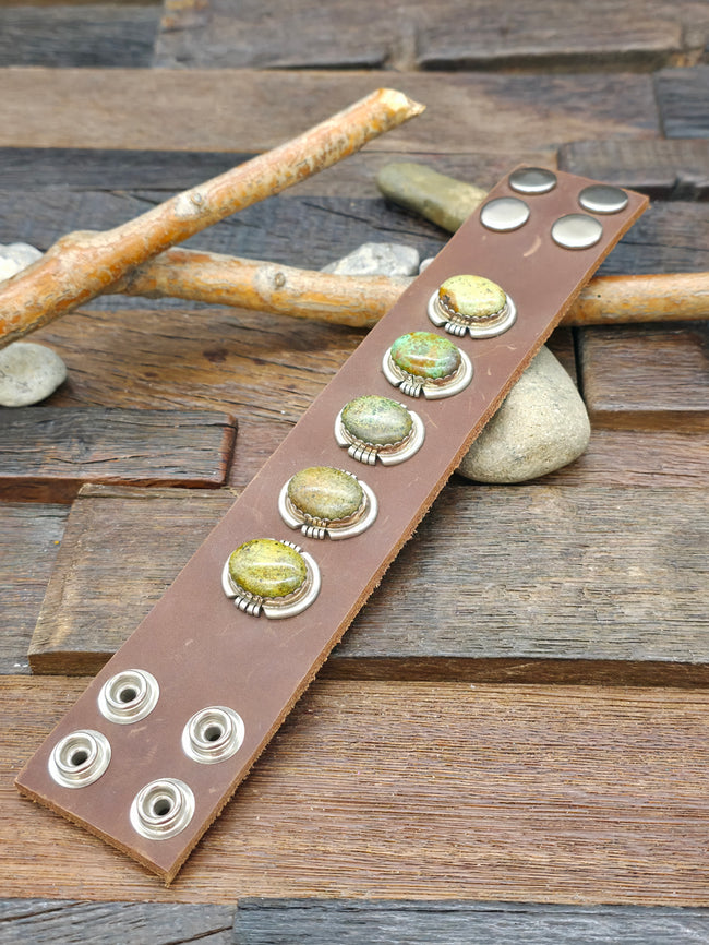 Five Stone Brown Leather Green Turquoise Bracelet by Jeff Lucio - 9 in - Stones Will Vary