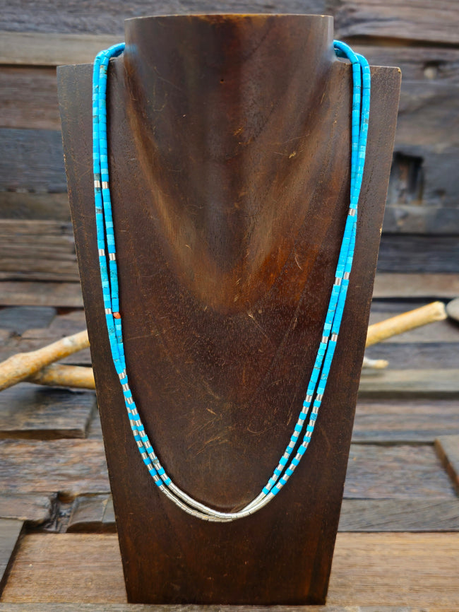 Two-Strand Turquoise and Sterling Silver Heishi Necklace by Pablita Bailon 20 in
