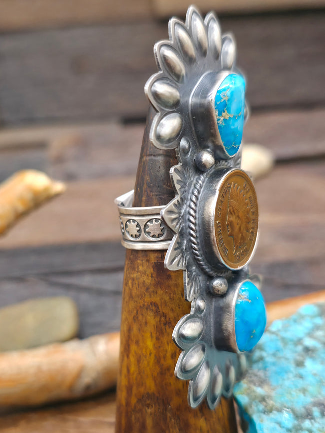 Stamped Sterling Silver Ring with Kingman Turquoise and 1899 Copper Penny by Robert Jackson - Adjustable