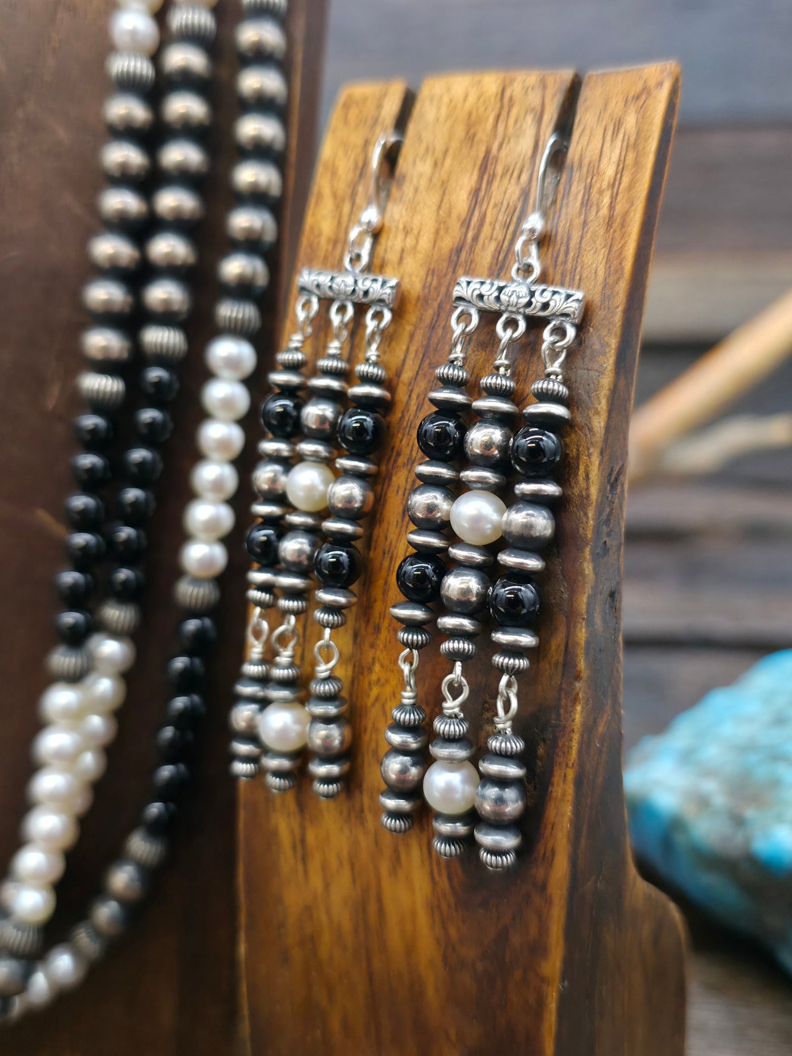 Three Strand Pearl, Onyx, and Sterling Silver Bead Necklace and Earring Set - 24 in. plus 3 in. Extender