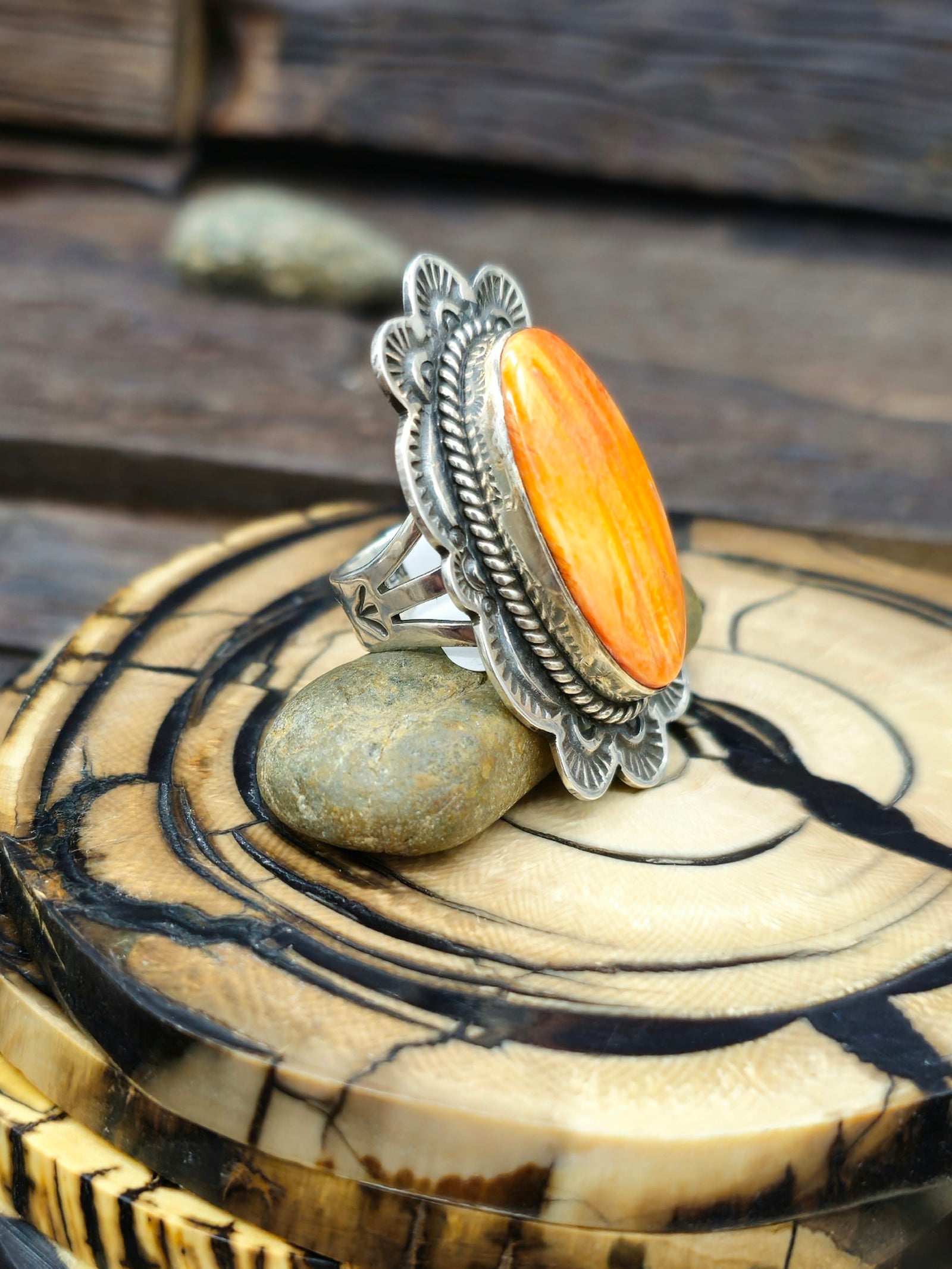 Stamped Sterling Silver and Orange Spiny Oyster Ring by Happy Piasso - Size 7