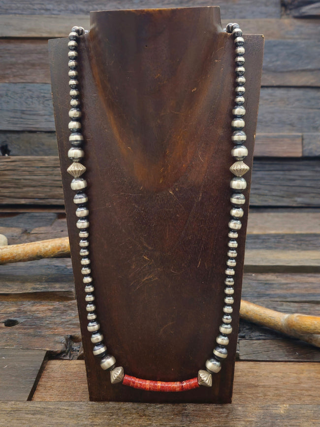 Red Sponge Coral and Oxidized Sterling Silver Necklace by Fred Archuleta
