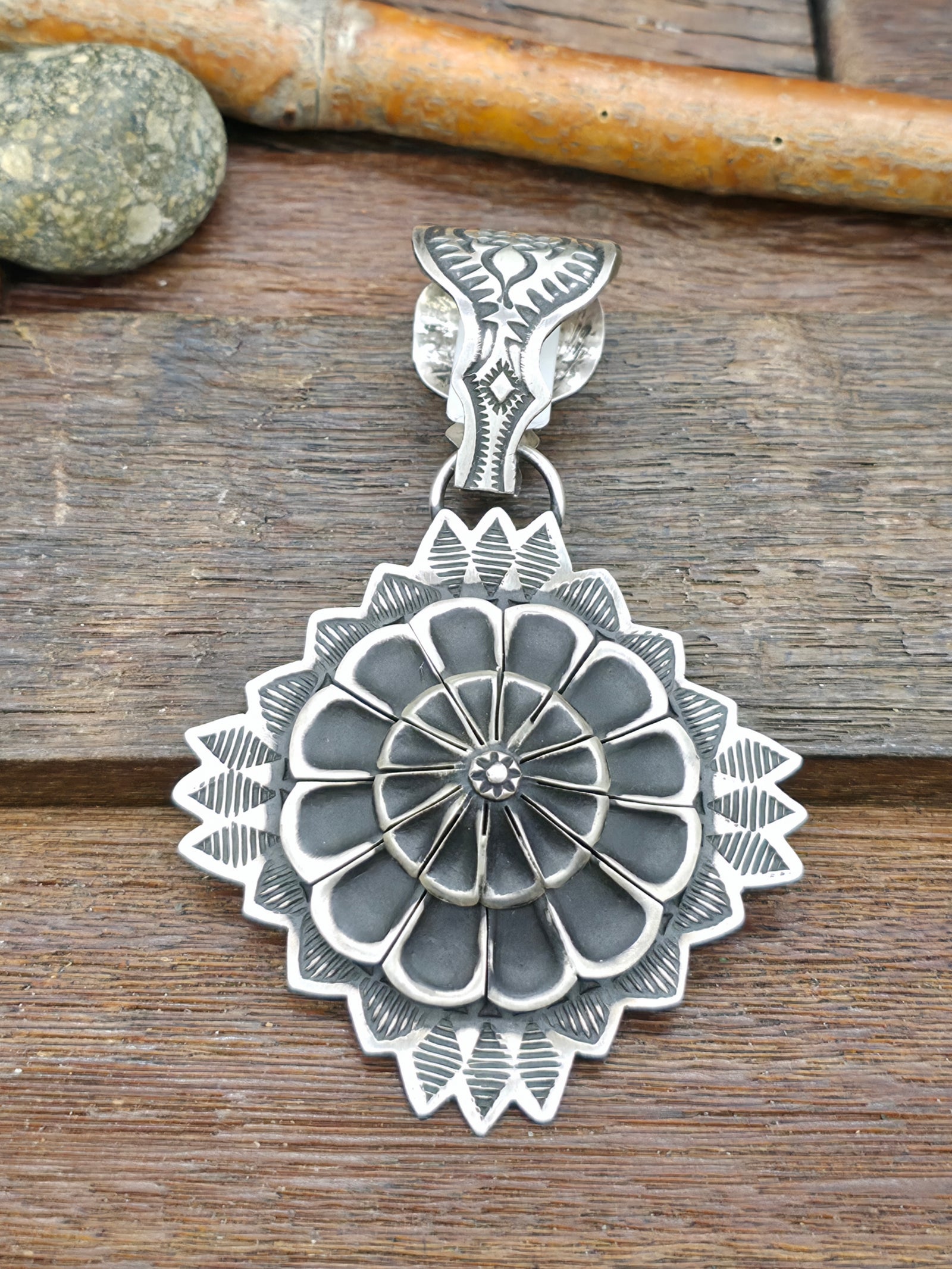 Stamped Sterling Silver Pendant with Round Center by Leander Tahe - 4 in. by 2 1/2 in.