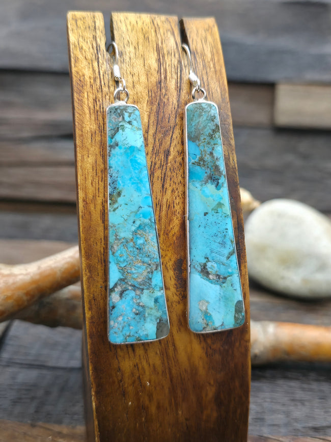 Long Turquoise Slab Earrings with Sterling Silver by Veronica Tortalita