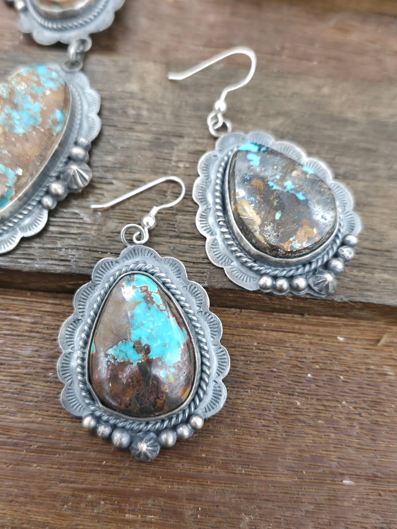 Stamped Sterling Silver Boulder Turquoise Necklace and Earring Set by LaRose Ganadanegro - 25 in.