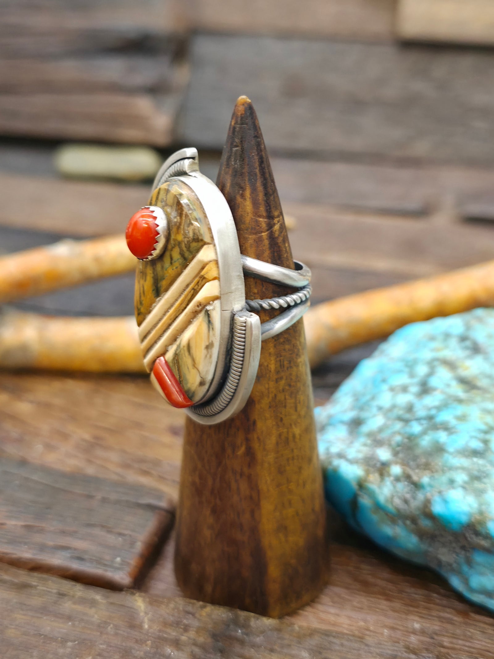Sterling Silver Cobblestone Inlay Ring with Coral and Fossil Ivory by Walter Vandever - Size 9 1/2