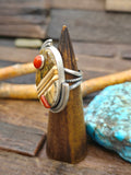 Sterling Silver Cobblestone Inlay Ring with Coral and Fossil Ivory by Walter Vandever - Size 9 1/2