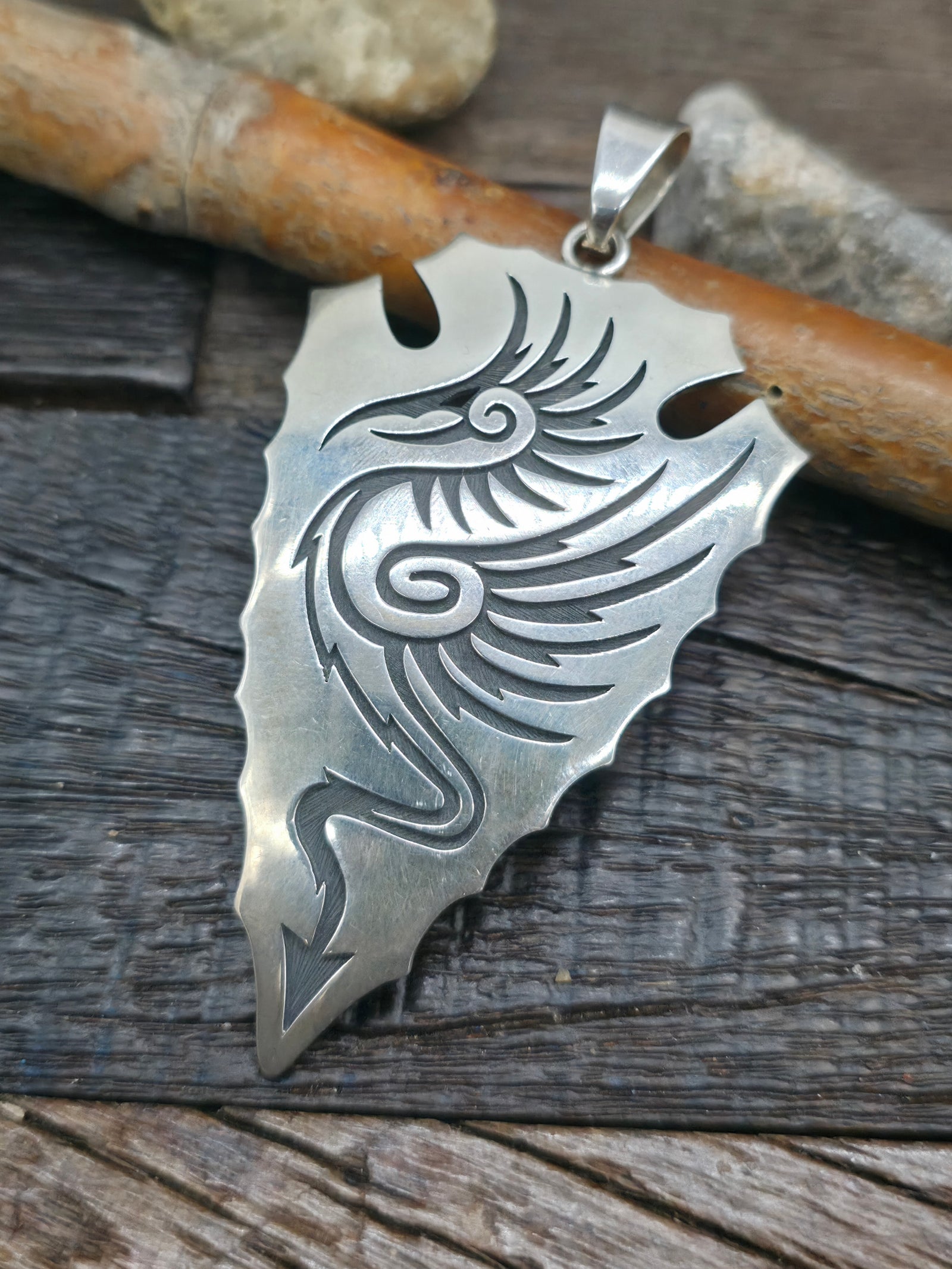 Sterling Silver Hopi Overlay Arrowhead Avanyu Pendant  -  3 in. by 1 3/4 in.