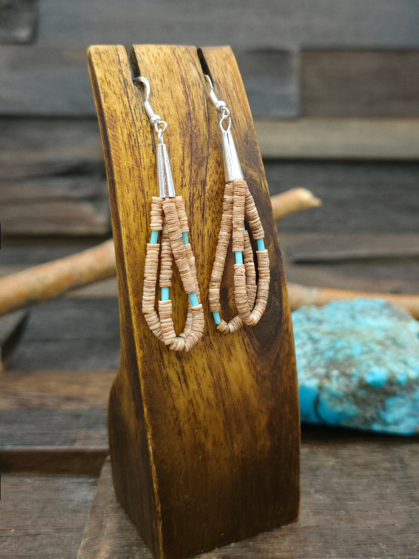 Heishi and Turquoise Bead Earrings by Ramona Bird - 3 in. by 3/4 in.