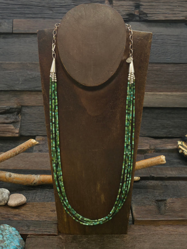 Five Strand Green Turquoise Heishi Necklace with Sterling Silver Beads and Cones by Fred Archuleta - 19 in. plus 6 in. Extender