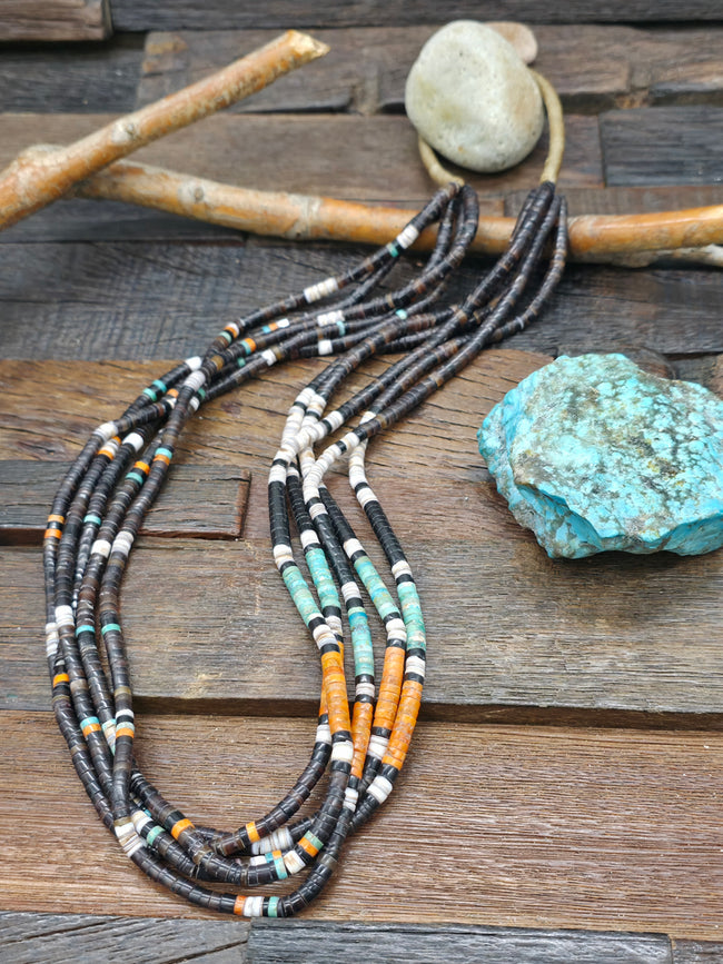 Five Strand Heishi Necklace by Deanna Tenorio with Shell, Turquoise, and Spiny - 32 in.