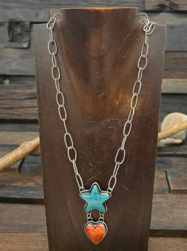 Sterling Silver Turquoise and Spiny Heart and Star Necklace by Rosella Paxson - 23 in.