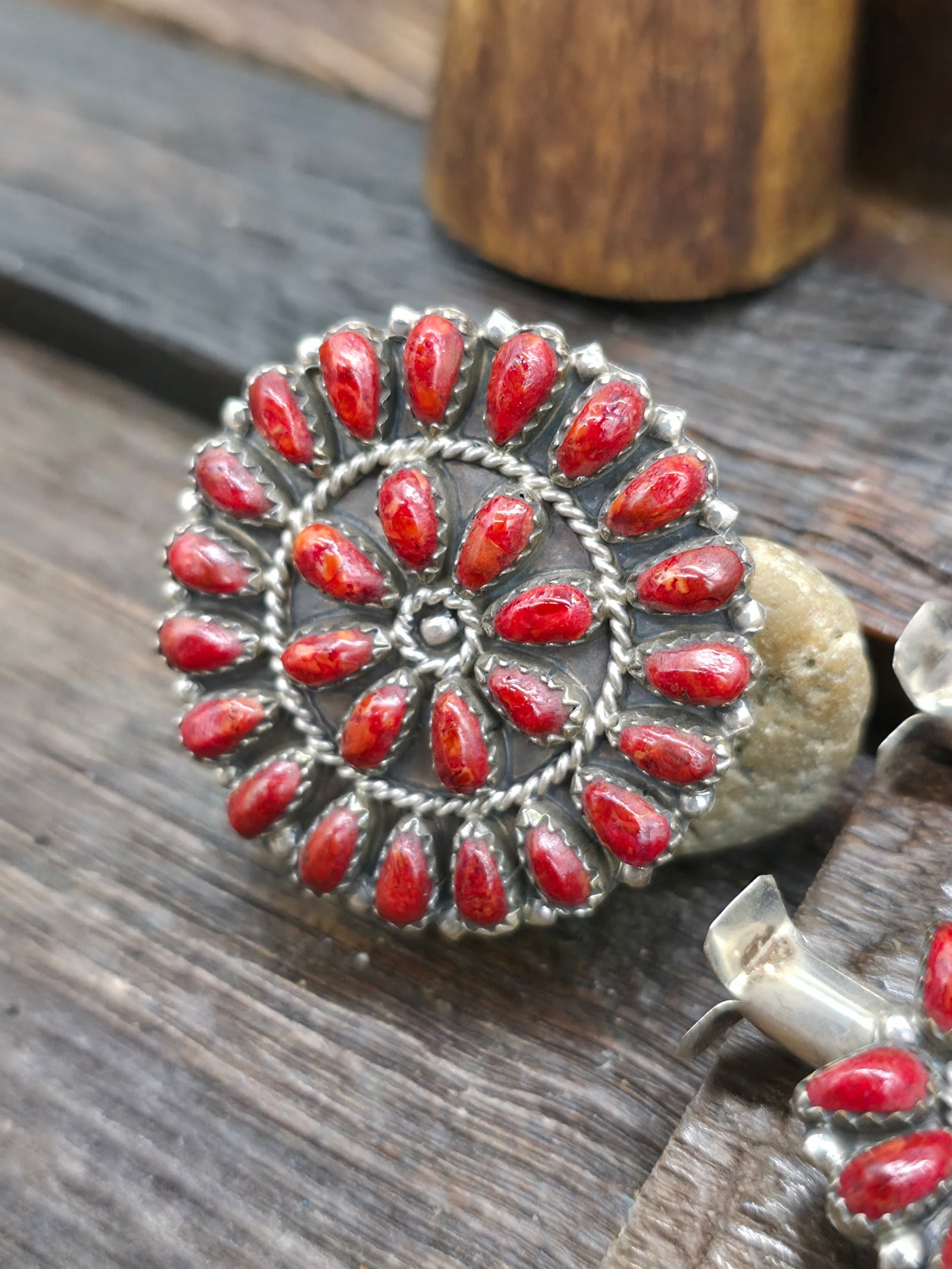 Seven Piece Sterling Silver Apple Coral Squash Blossom Necklace Set with Earrings, Two Adjustable Rings, Two Bracelets, and Pin/Pendant