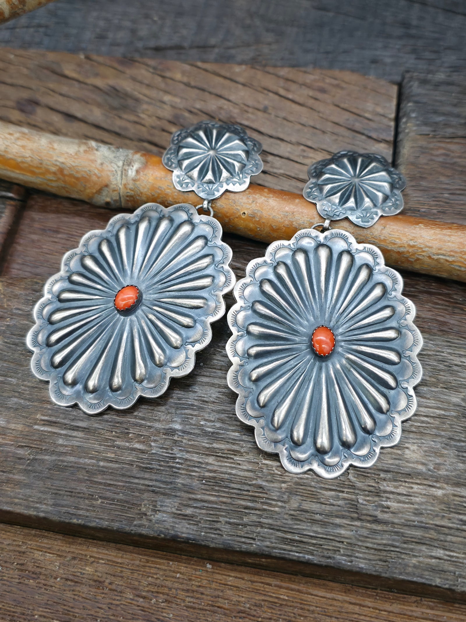 Stamped Sterling Silver Coral Post Dangle Earrings - 3 1/2 by 2 in.