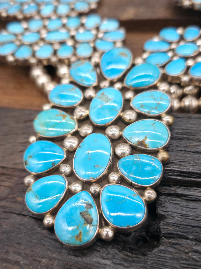 Sterling Silver Turquoise Cluster Squash Blossom Necklace by Melvin and Tiffany Jones - 26 in.