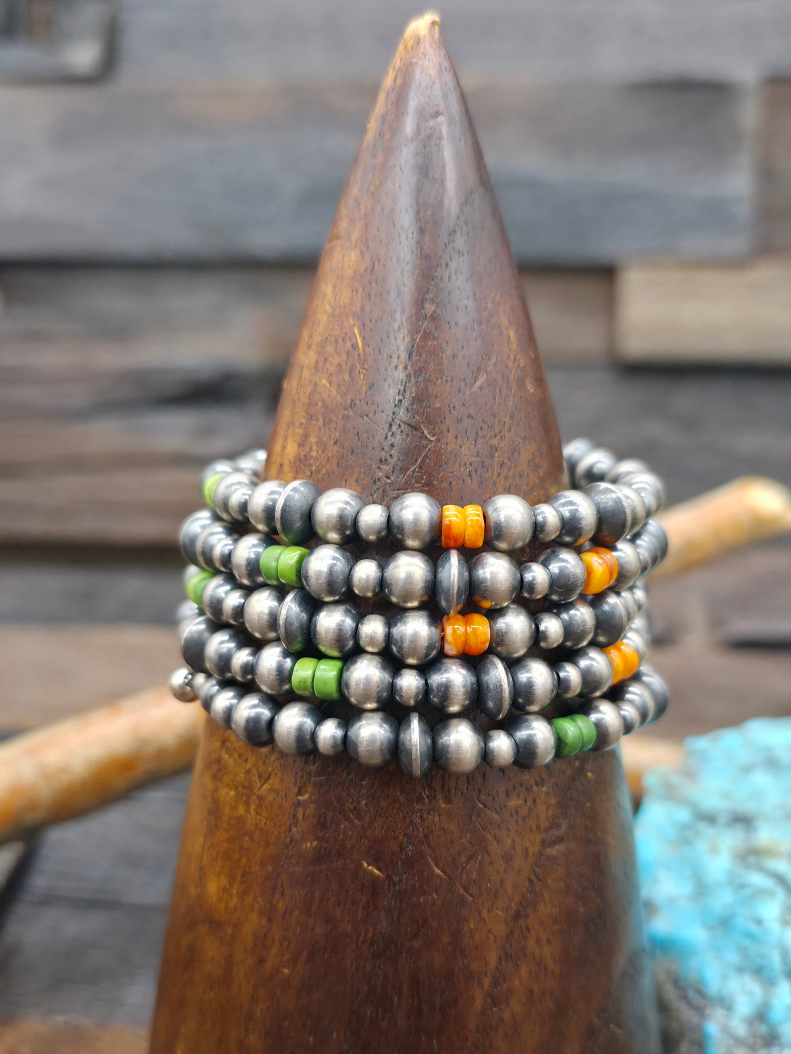 Sterling Silver, Green Turquoise, and Spiny Wrap Bracelet - Fits Most