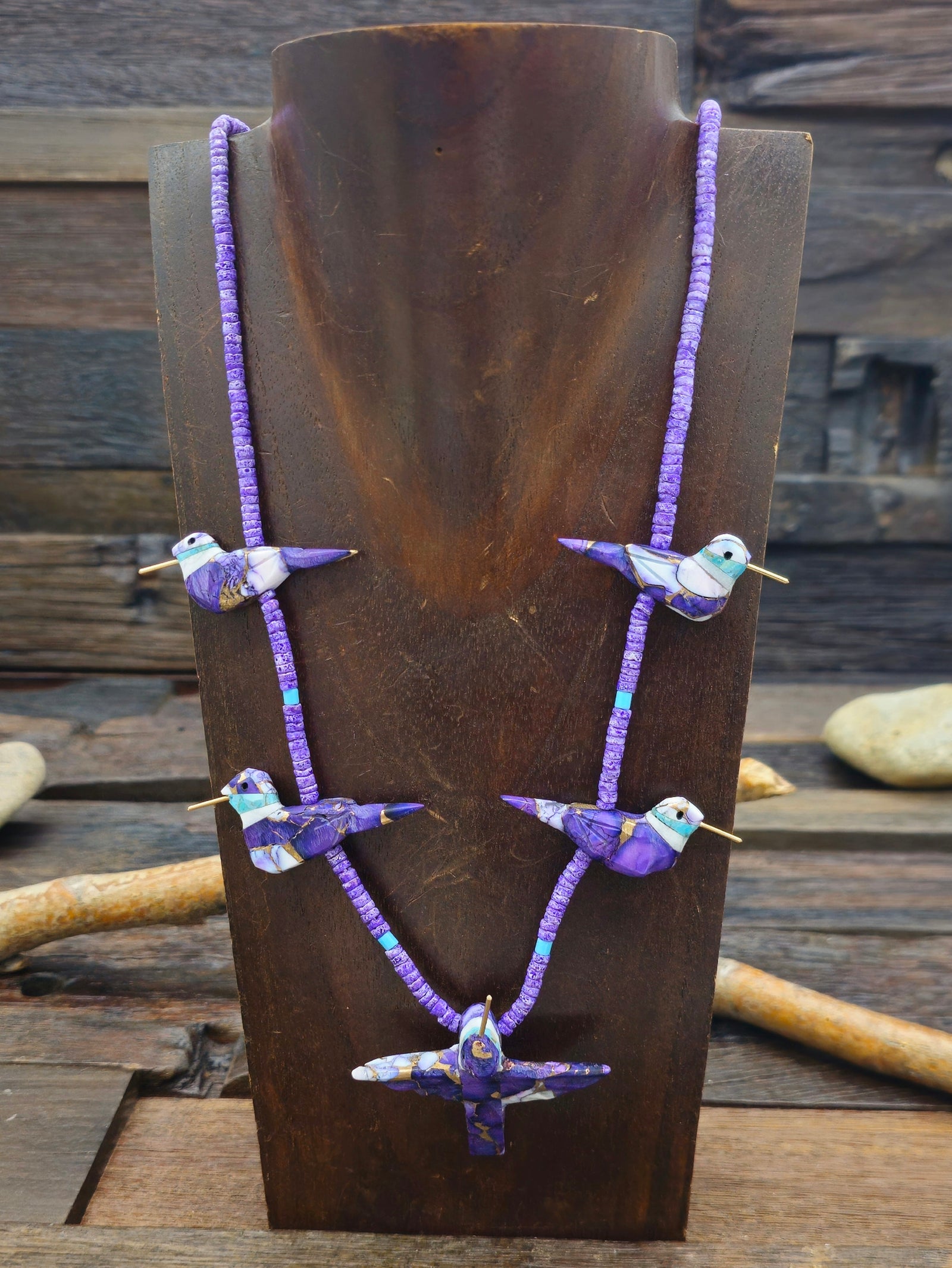 Purple Five Hummingbird Necklace with Purple Heishi by Matt Mitchell - 24 in.