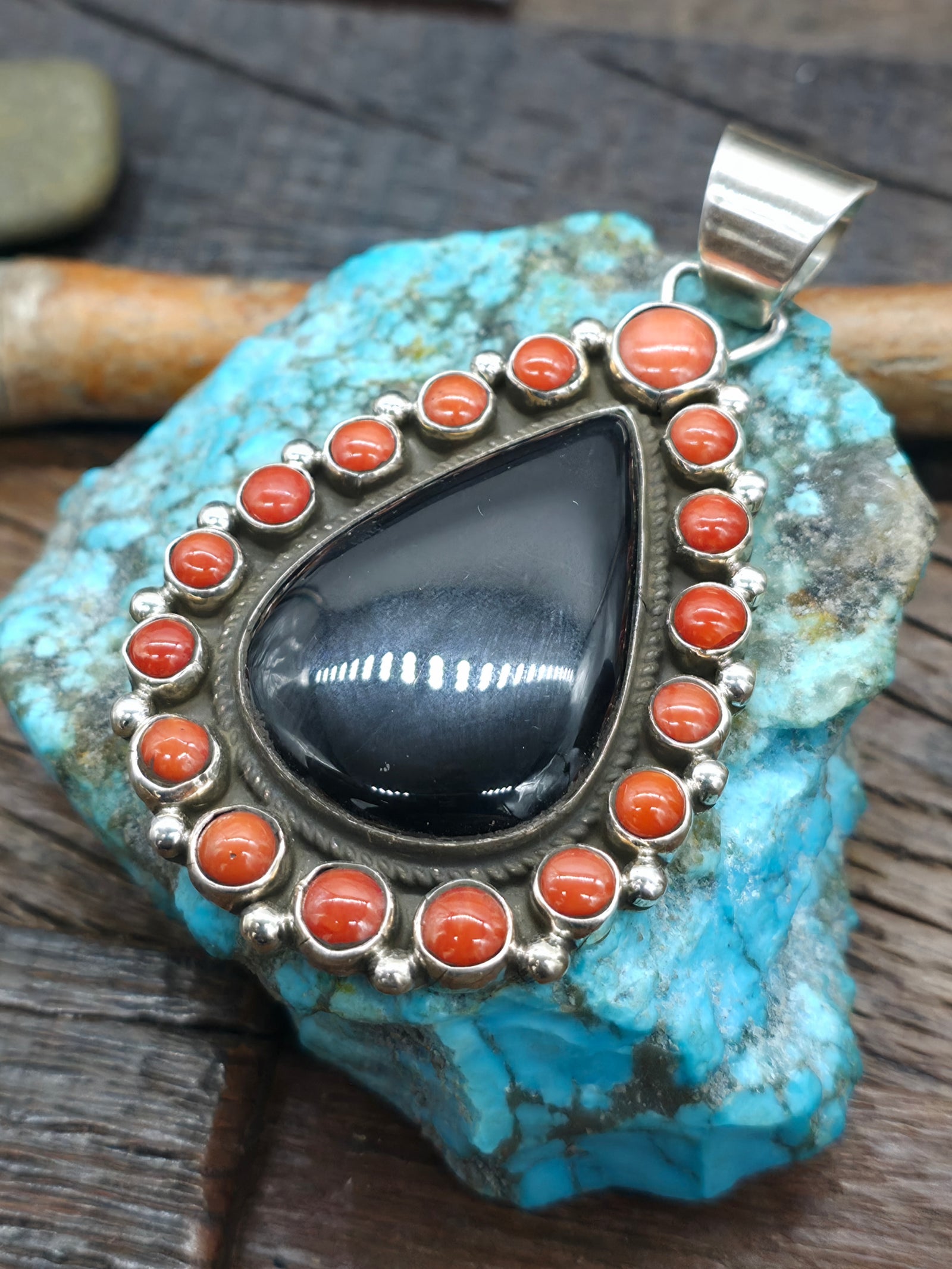 Sterling Silver Coral and Onyx Teardrop Pendant by Geraldine James - 3 in. by 1 3/4 in.