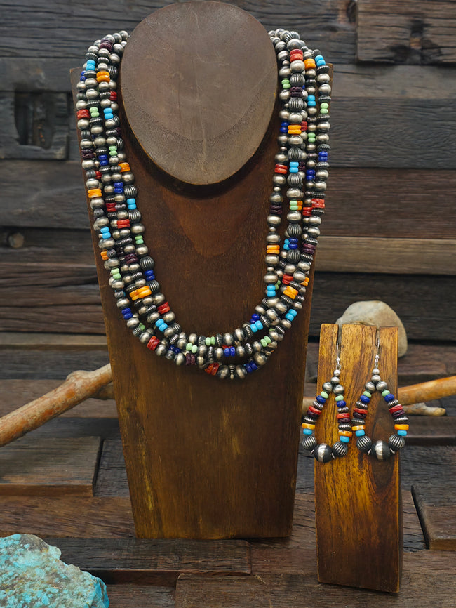 Five Strand Sterling Silver and Mixed Stone Bead necklace and Earring Set by Geneva Apachito - 20 in. plus 3 1/2 in. Extender