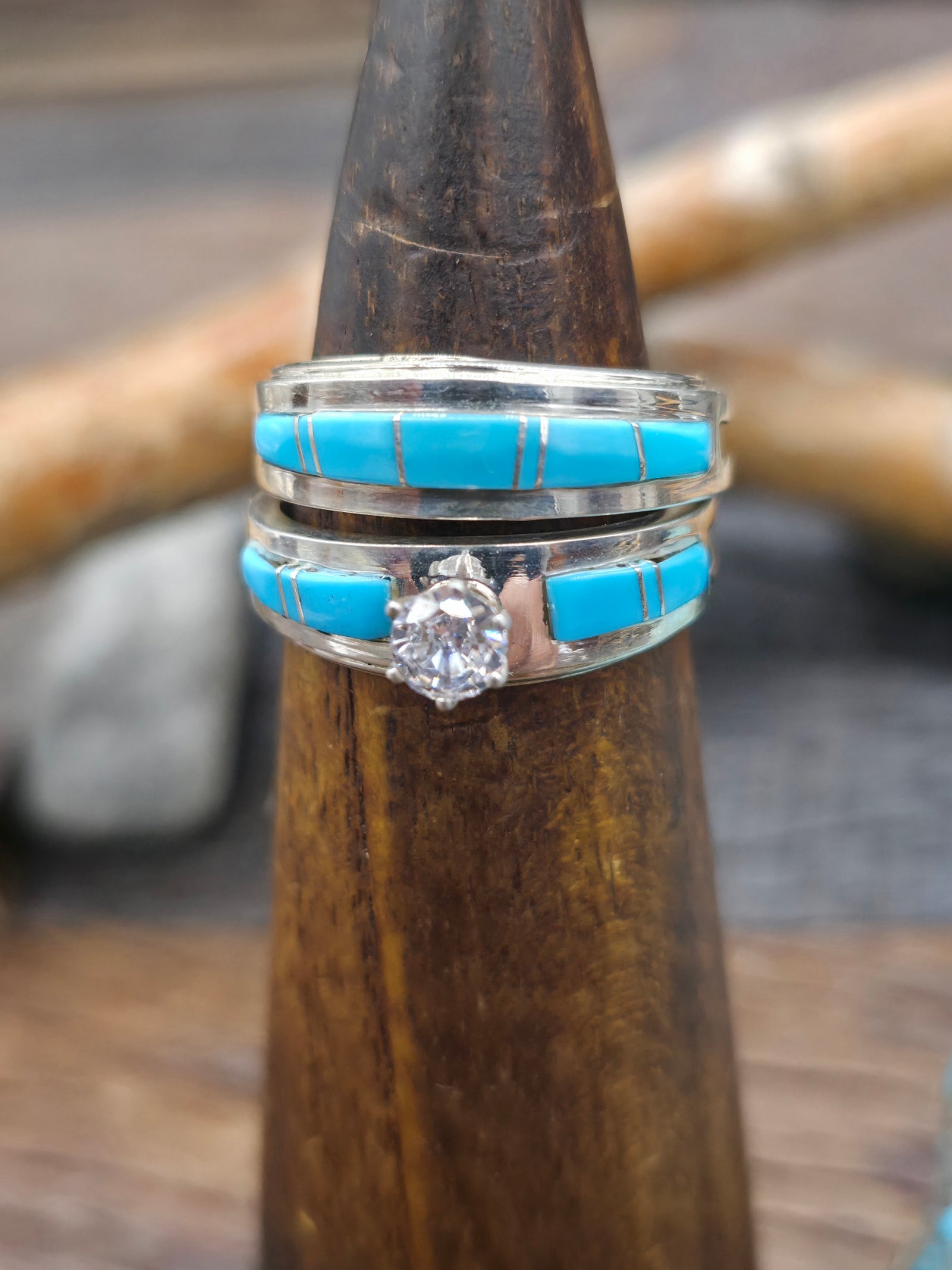 Sterling Silver Turquoise Inlay Wedding Band Set by Wilbert Muskett Jr