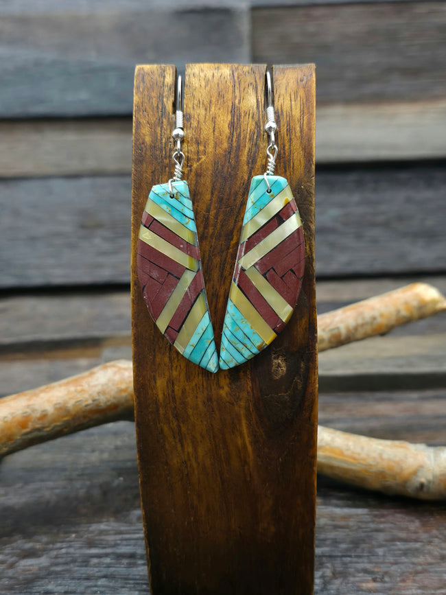 Pipestone, Turquoise, and Mother of Pearl Mosaic Inlay Earrings by Joe Reano