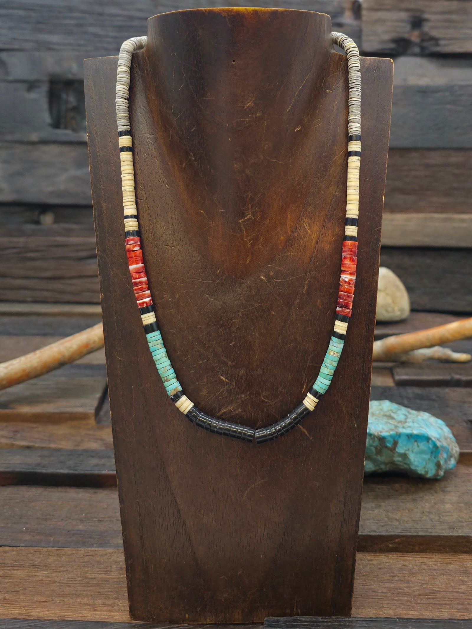 Colorblock Necklace by Deana Tenorio - Jet, Turquoise Melon Shell, Spiny Oyster, and Wampum - 18 in.