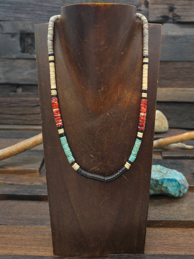 Colorblock Necklace by Deana Tenorio - Jet, Turquoise Melon Shell, Spiny Oyster, and Wampum - 18 in.