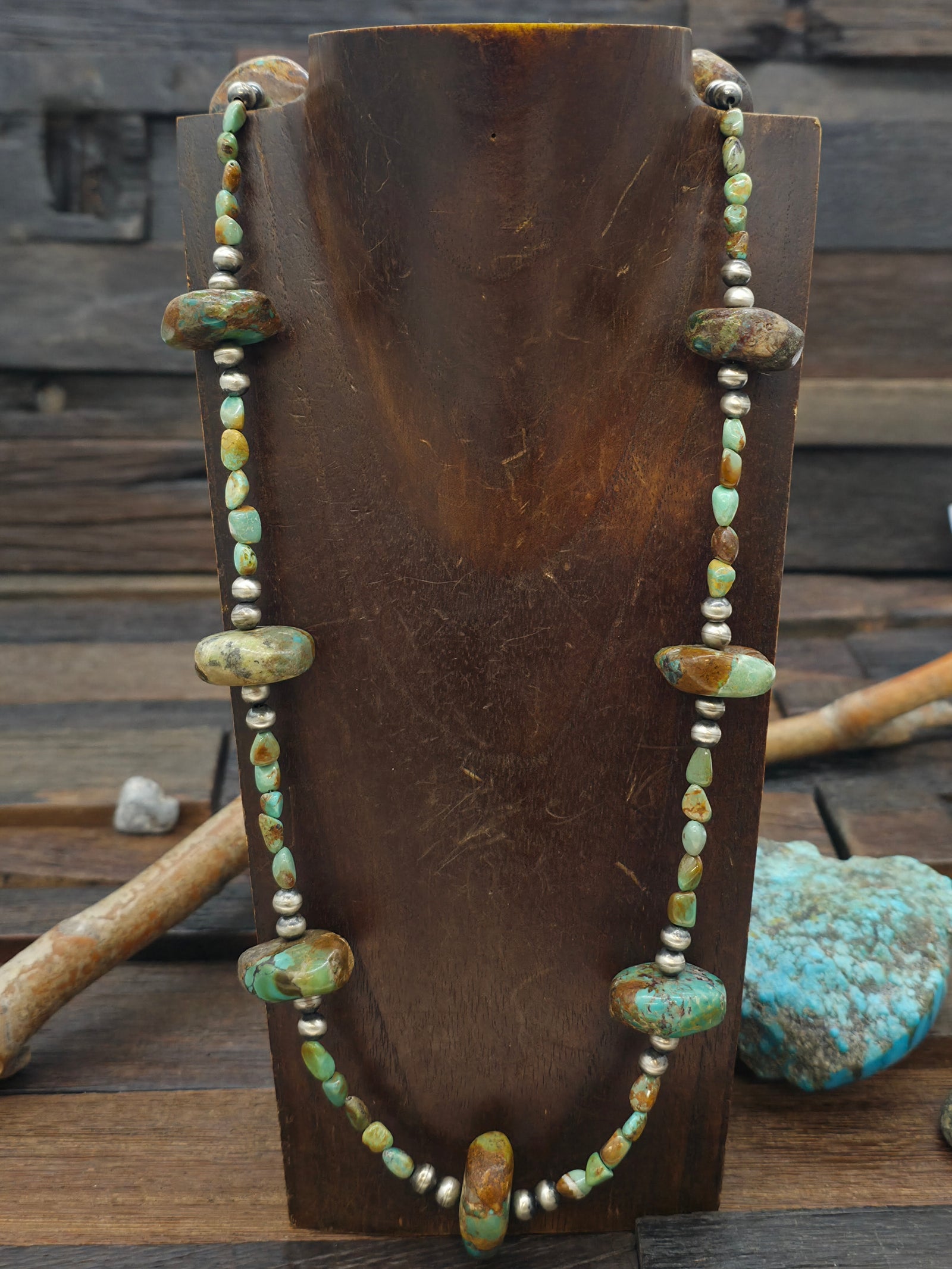 Green Turquoise Nugget and Sterling Silver Bead Necklace - 27 in.