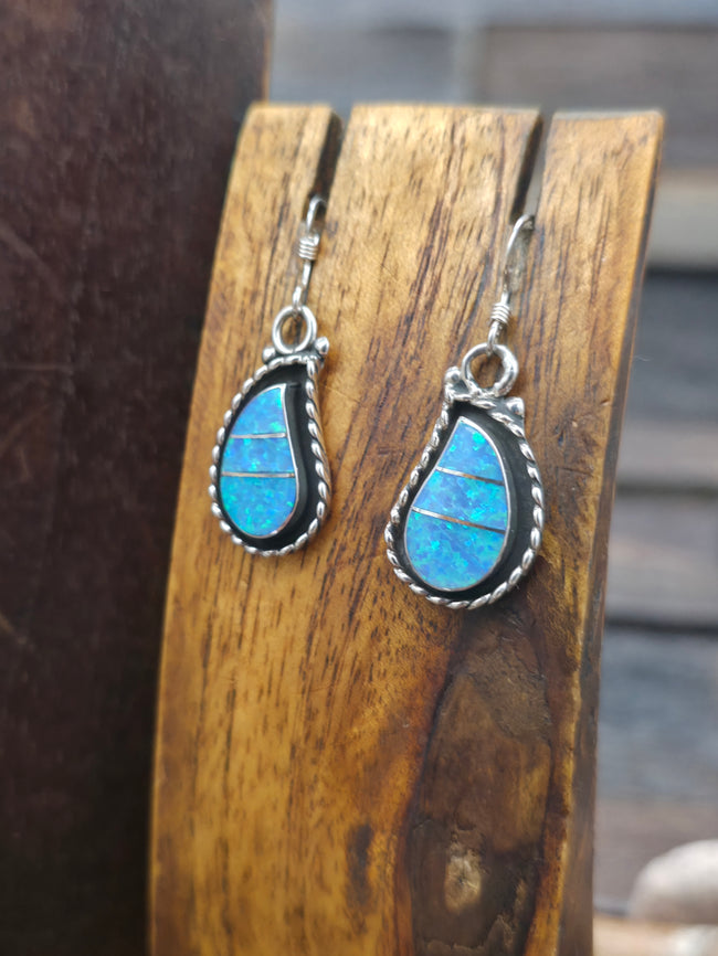 Sterling Silver Lab Opal Zuni Inlay Necklace and Earring Set by F. Lowsayatee - 22 in.