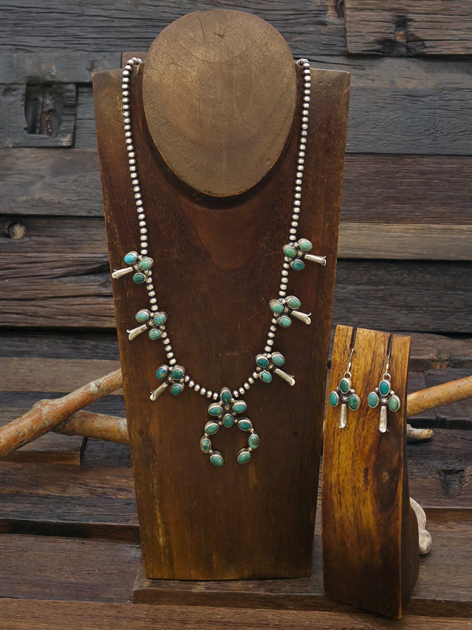 Sterling Silver Green Turquoise Squash Blossom Necklace and Earring Set - 24 in.