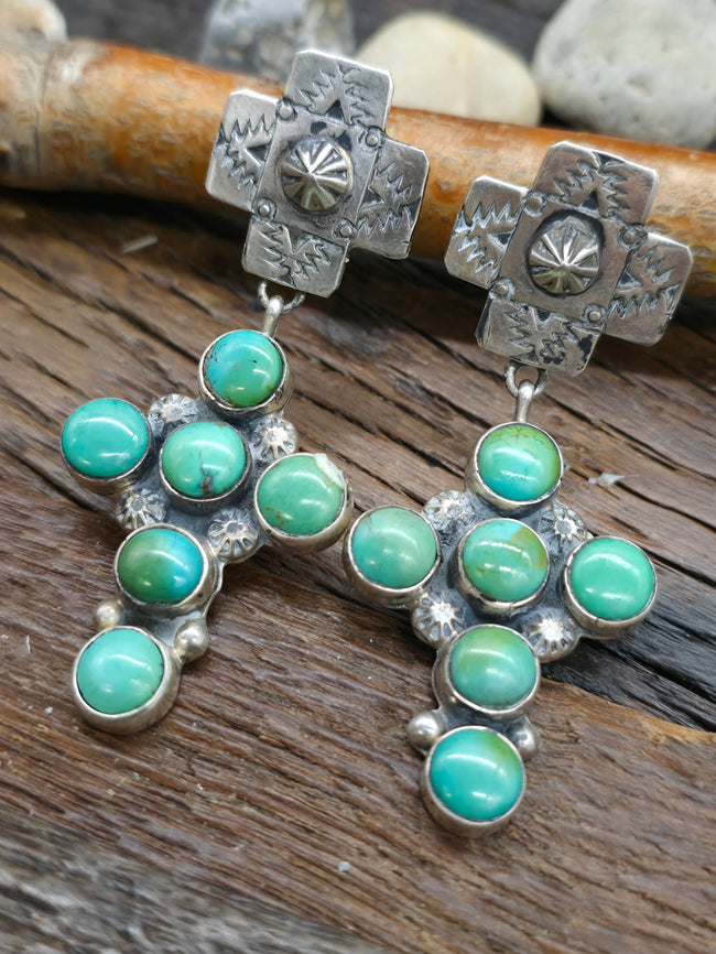 Turquoise Cross Earrings with Stamped Santa Fe Cross Post by Rosella Paxton
