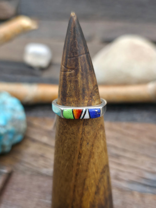 Sterling Silver Multistone Inlay Ring with Lapis, Spiny, Gaspeite, and Lab Opal by Albert Topaha - Size 8 3/4