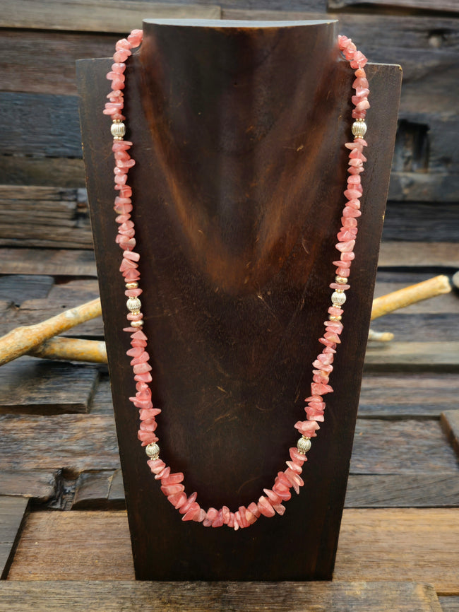 Sterling Silver and Rose Quartz Stone Bead Necklace - 20 in plus extender