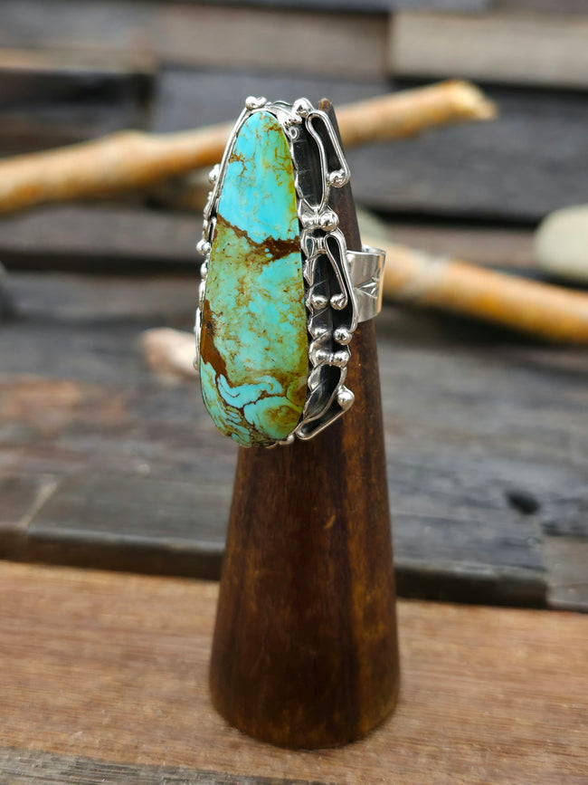 Large Turquoise and Sterling Silver Leaf Ring by Jimmy Garcia - Size 7