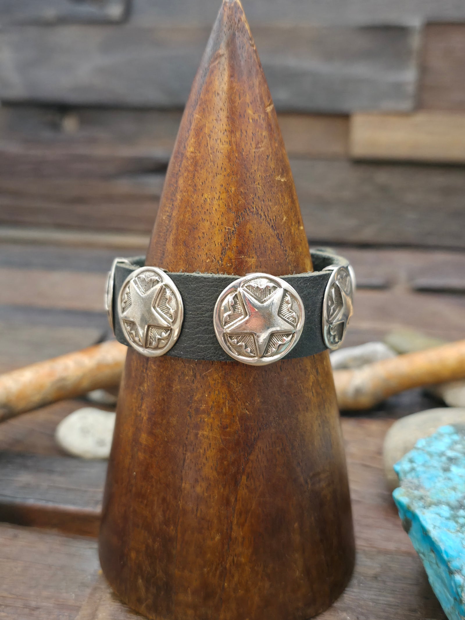 Sterling Silver Star Black Leather Bracelet - 8 1/2 in.
