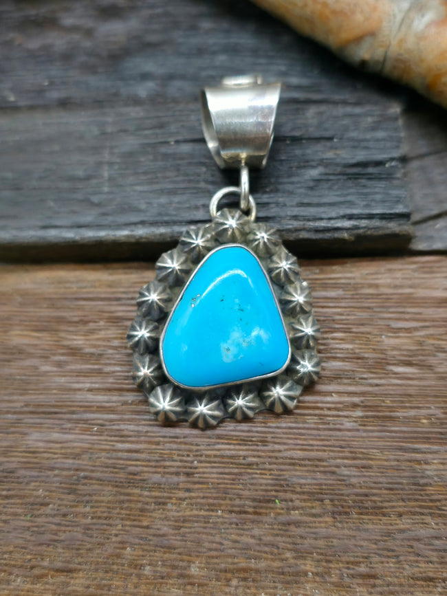 Stamped Sterling Silver and Campitos Turquoise Pendant by Jacob Troncosa
