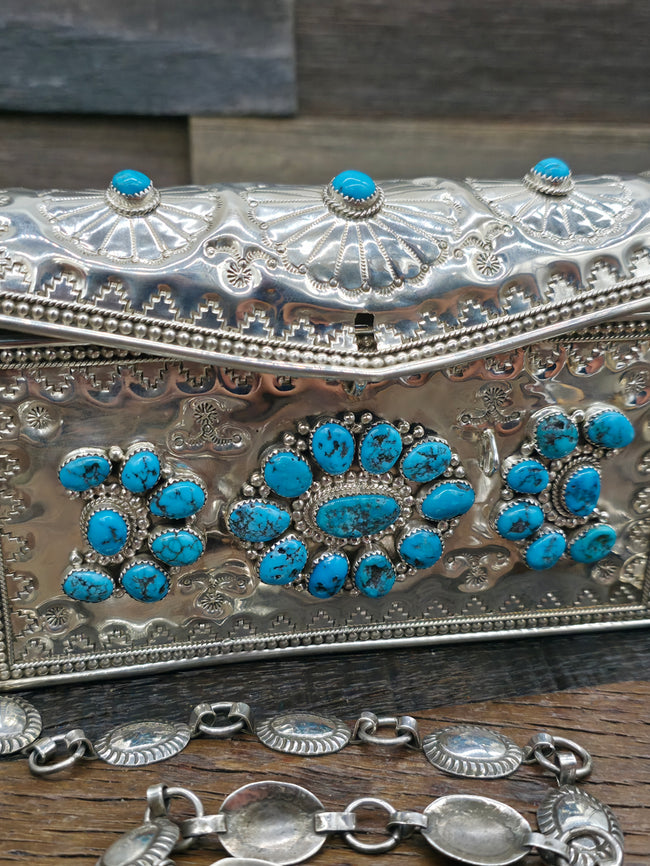 Stamped Sterling Silver Kingman Turquoise Crossbody Purse by Phil Lynn and Wilford Begay - 6 in. by 2 1/2 in. by 3 3/4 in.