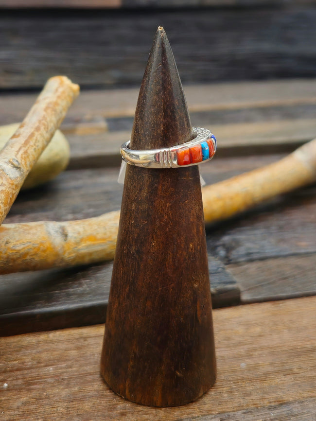 Coral, Lapis and Turquoise Cobblestone Inlay Sterling Silver Ring by Albert Topaha - Size 8